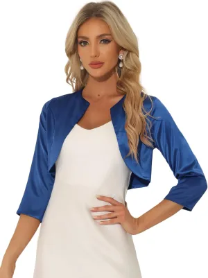 Allegra K Women's Satin Cardigan Elegant 3/4 Sleeve Solid Bolero Shrug Tops