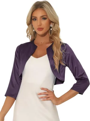 Allegra K Women's Satin Cardigan Elegant 3/4 Sleeve Solid Bolero Shrug Tops