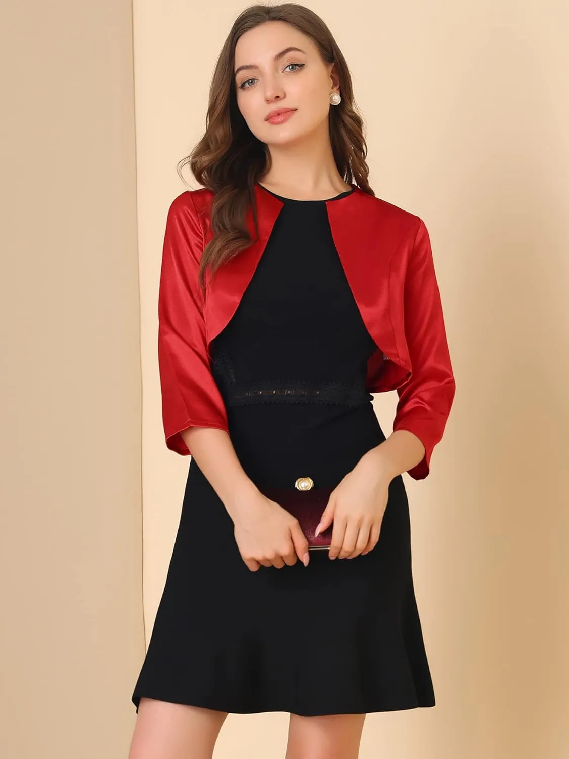Allegra K Women's Satin Cardigan Elegant 3/4 Sleeve Solid Bolero Shrug Tops