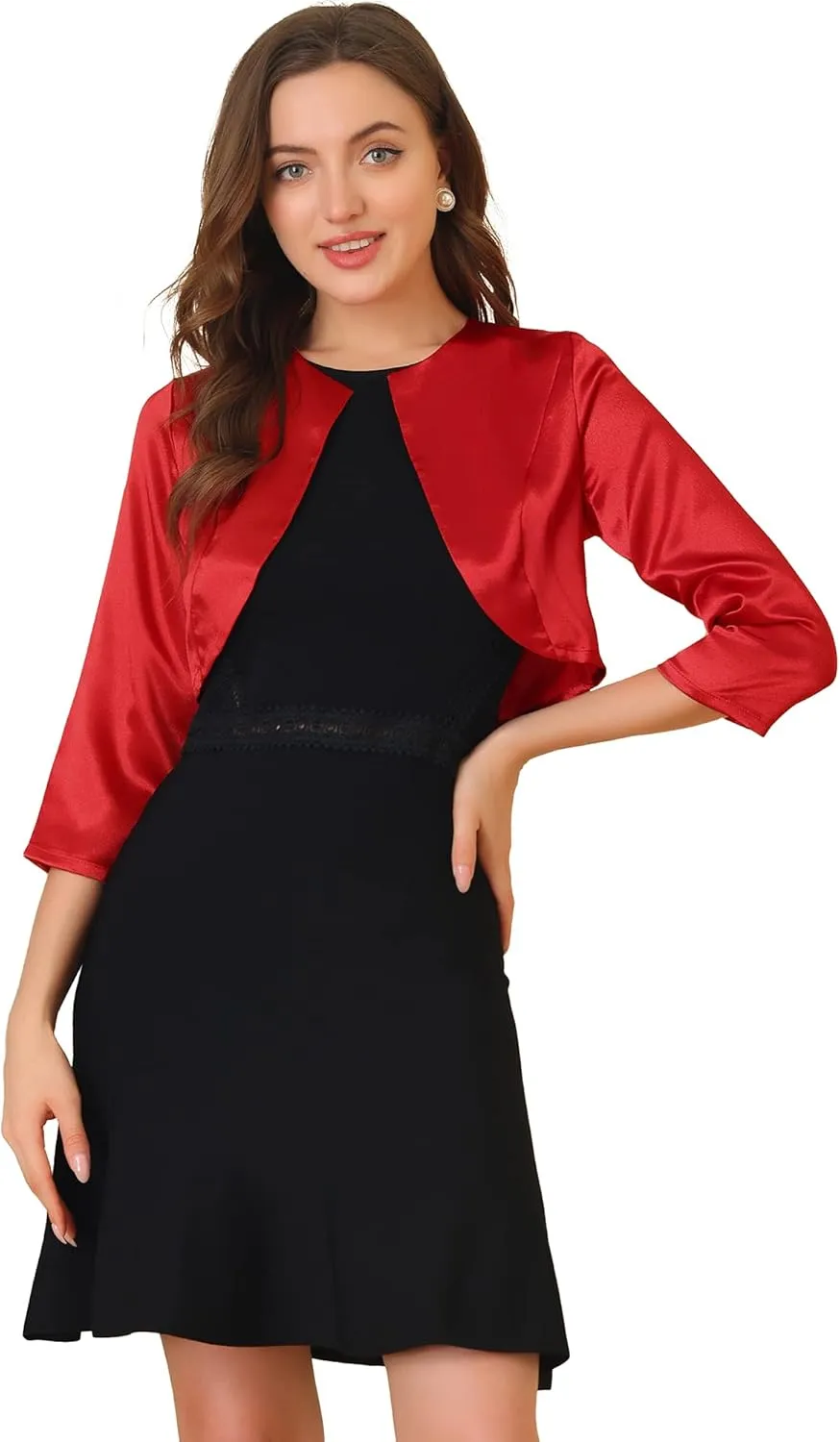 Allegra K Women's Satin Cardigan Elegant 3/4 Sleeve Solid Bolero Shrug Tops