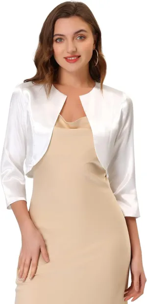 Allegra K Women's Satin Cardigan Elegant 3/4 Sleeve Solid Bolero Shrug Tops