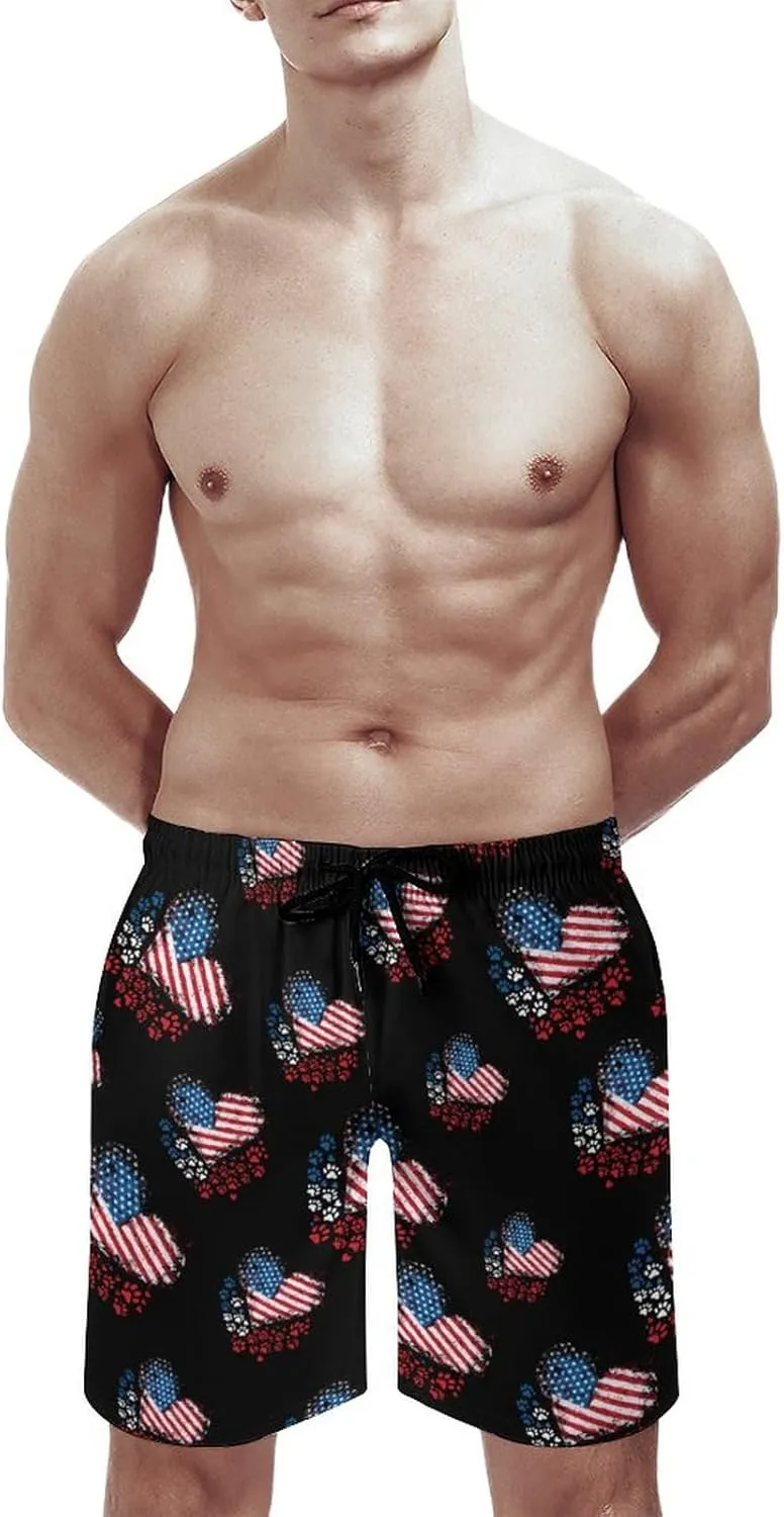 American Flag Patriotic Paw Prideful Men's Swim Trunks Quick Dry Board Shorts Breathable Summer Beach Shorts Bathing Suits
