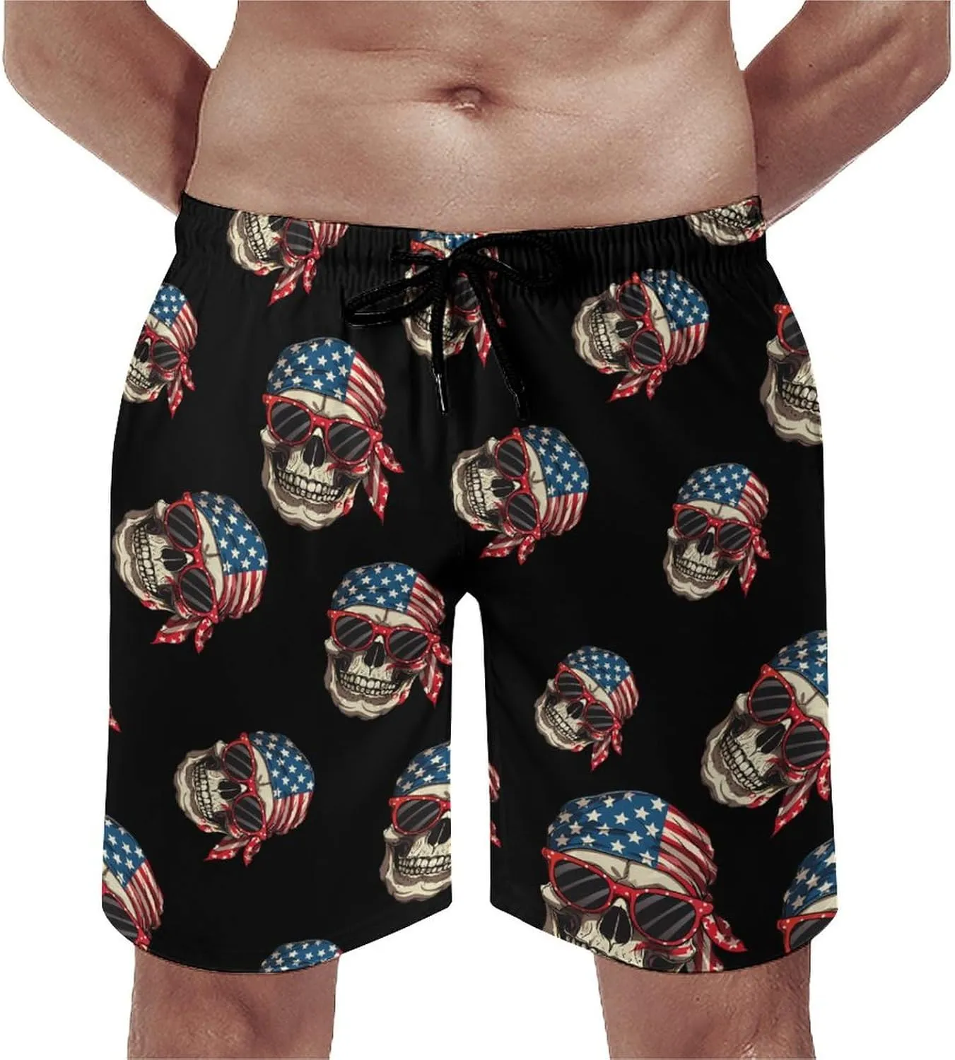 American Flag Skull Men's Swim Trunks Quick Dry Board Shorts Breathable Summer Beach Shorts Bathing Suits