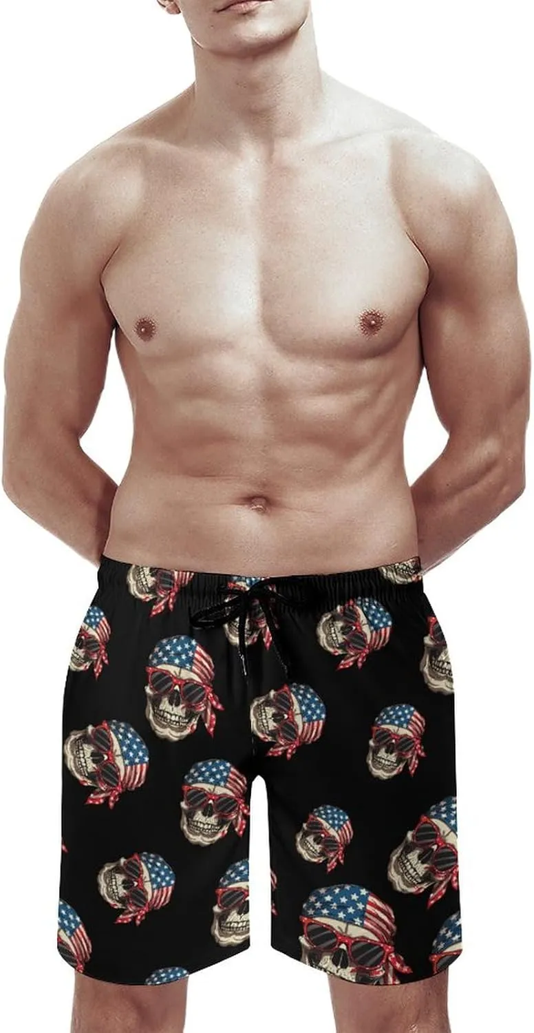 American Flag Skull Men's Swim Trunks Quick Dry Board Shorts Breathable Summer Beach Shorts Bathing Suits