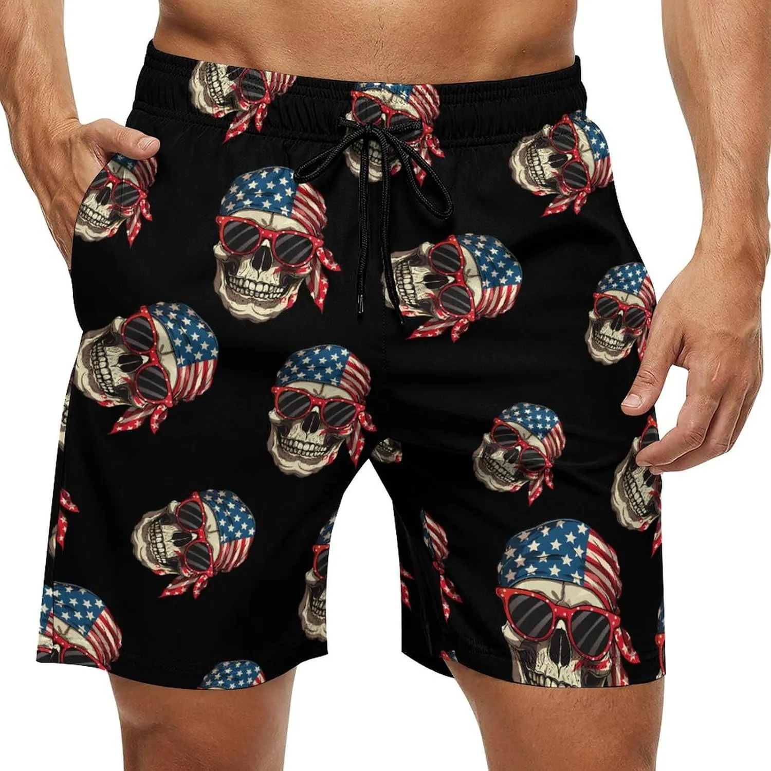 American Flag Skull Men's Swim Trunks Quick Dry Board Shorts Breathable Summer Beach Shorts Bathing Suits