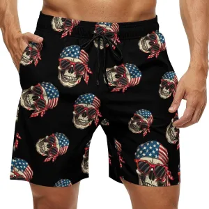 American Flag Skull Men's Swim Trunks Quick Dry Board Shorts Breathable Summer Beach Shorts Bathing Suits