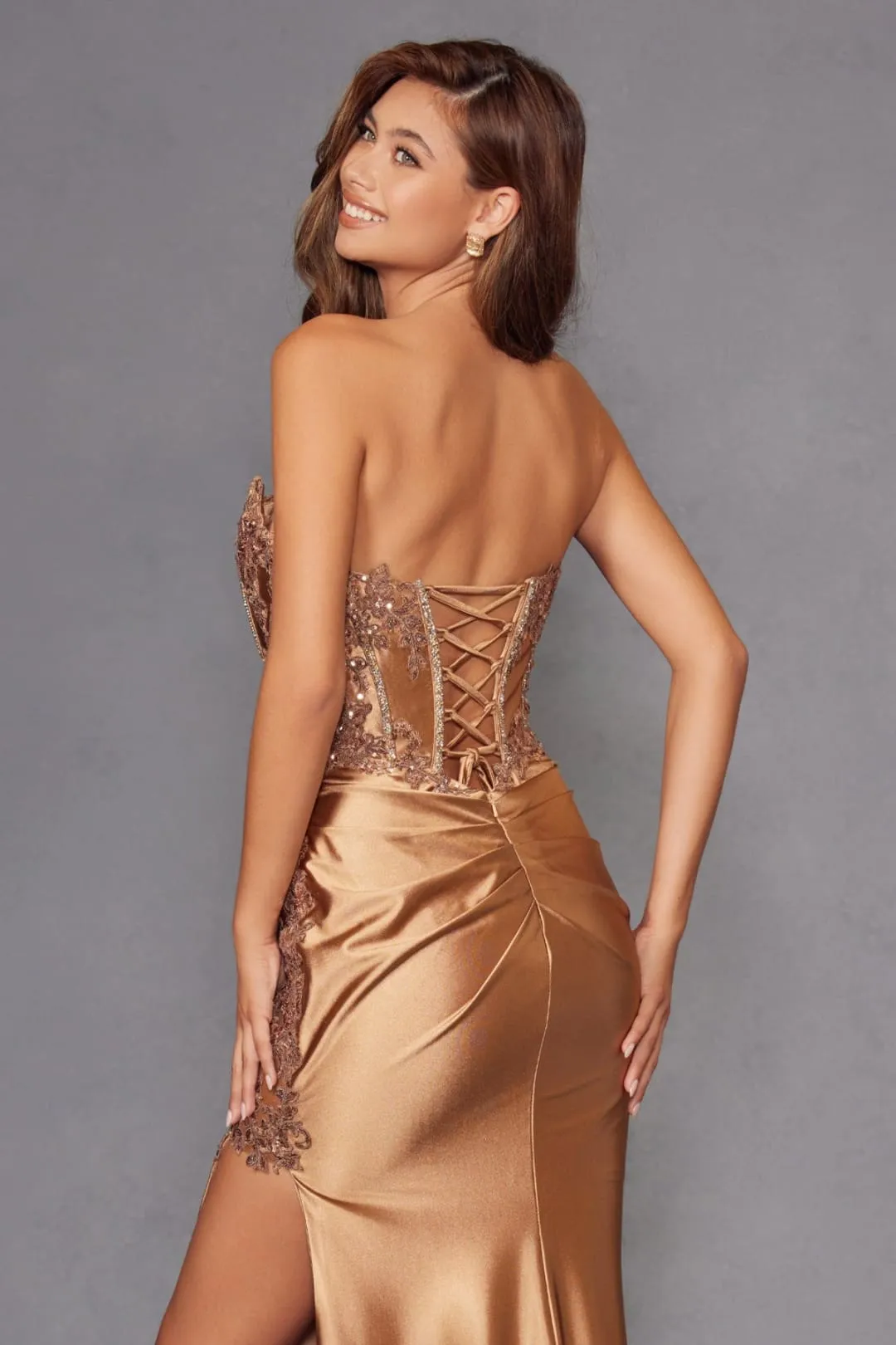 Applique Satin Strapless Slit Gown by Juliet JT2536K