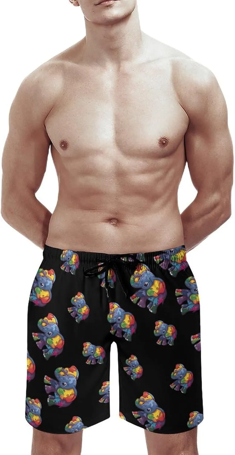 Autism Awareness Puzzle Elephant Men's Swim Trunks Quick Dry Board Shorts Breathable Summer Beach Shorts Bathing Suits