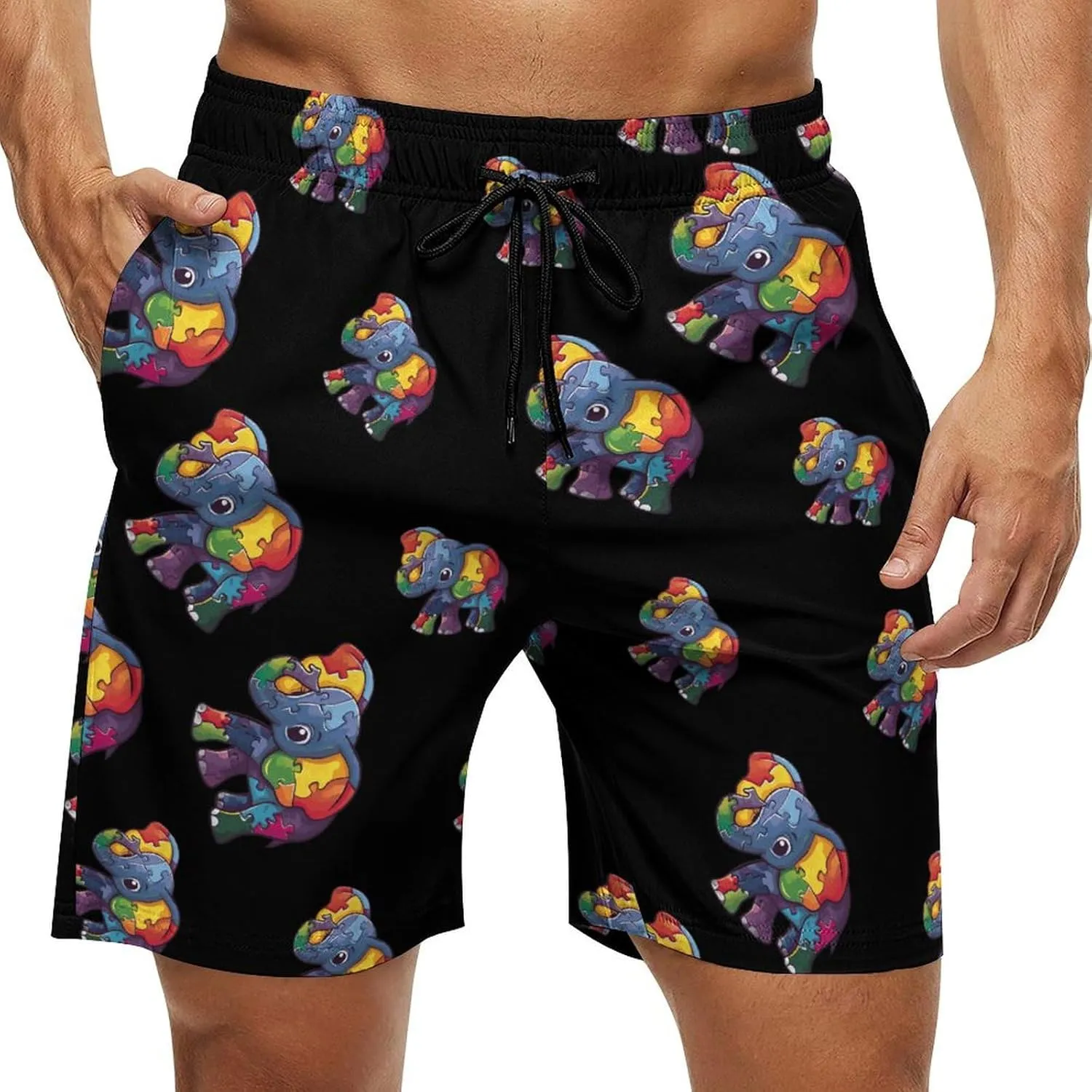 Autism Awareness Puzzle Elephant Men's Swim Trunks Quick Dry Board Shorts Breathable Summer Beach Shorts Bathing Suits