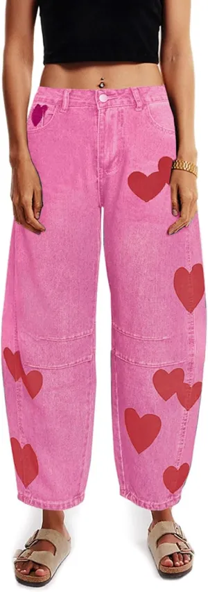 Barrel Jeans for Women Mid Rise Heart Printed Denim Ankle Pants Vintage Baggy Boyfriend Jeans
