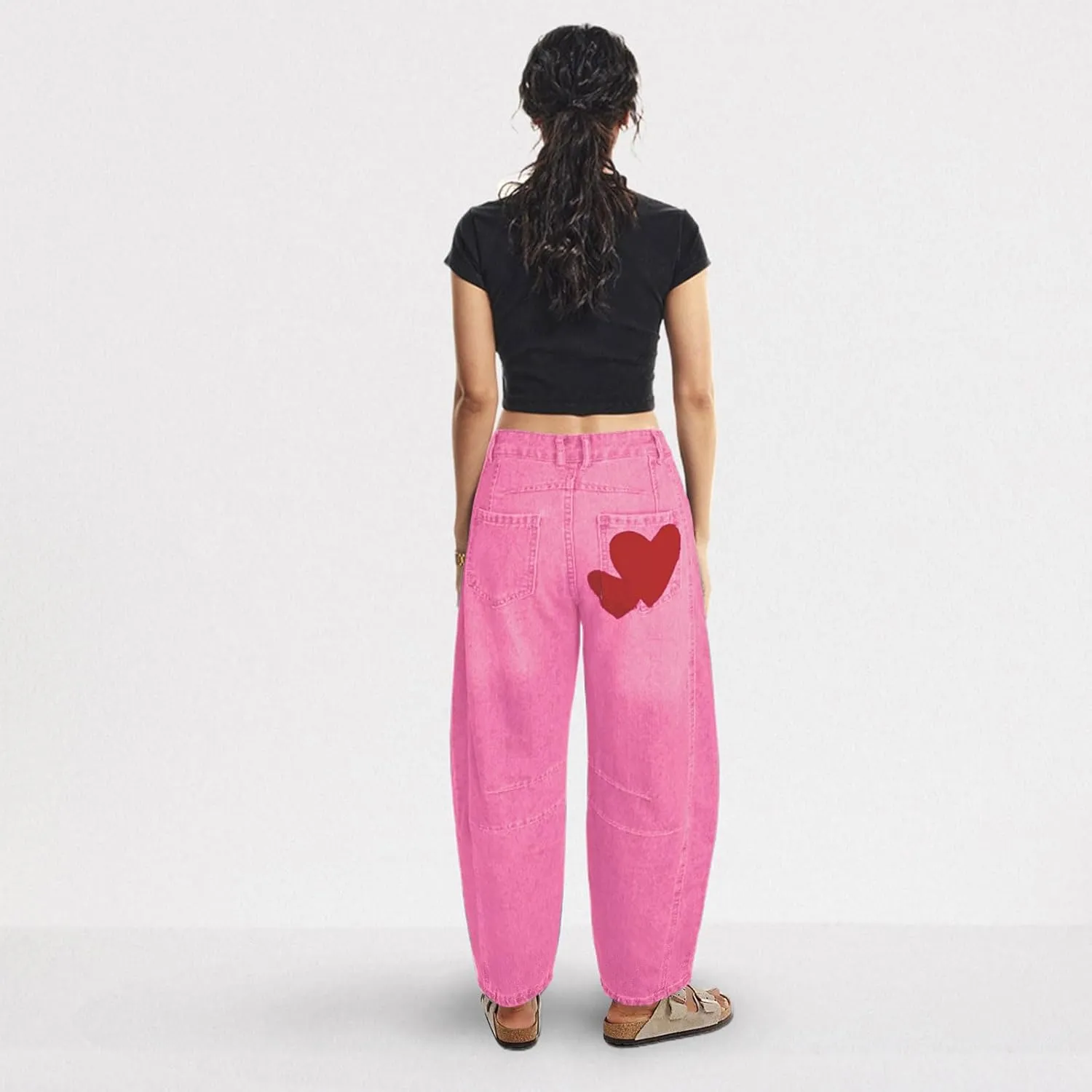 Barrel Jeans for Women Mid Rise Heart Printed Denim Ankle Pants Vintage Baggy Boyfriend Jeans