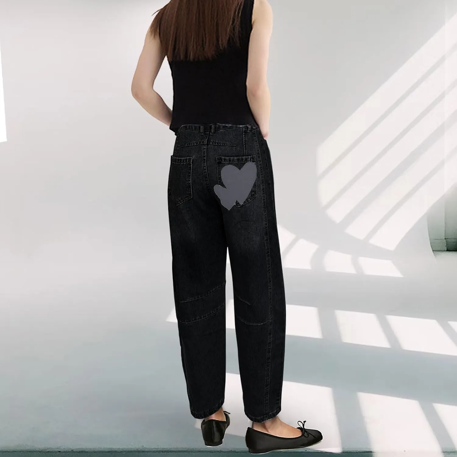 Barrel Jeans for Women Mid Rise Heart Printed Denim Ankle Pants Vintage Baggy Boyfriend Jeans