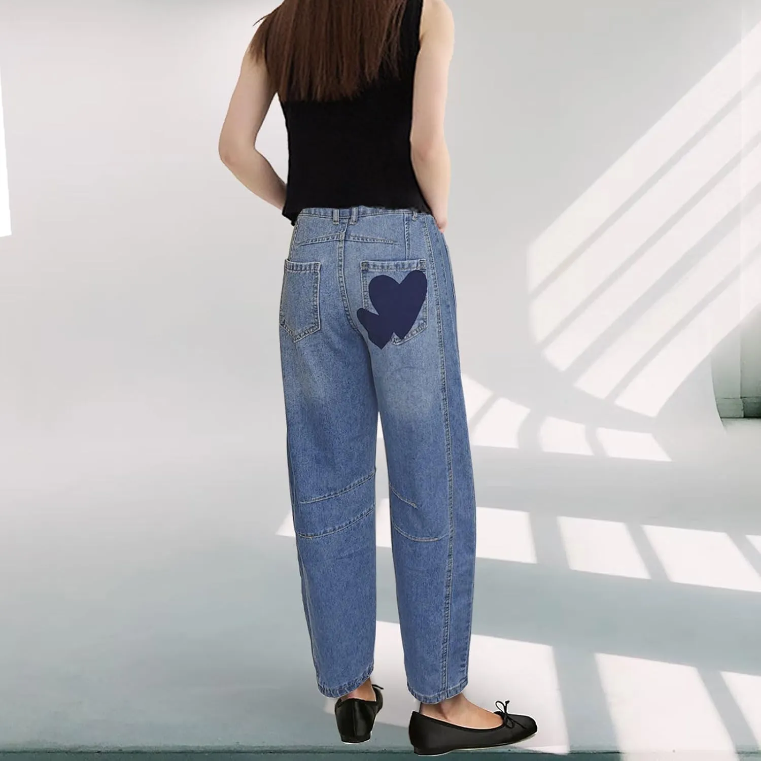 Barrel Jeans for Women Mid Rise Heart Printed Denim Ankle Pants Vintage Baggy Boyfriend Jeans