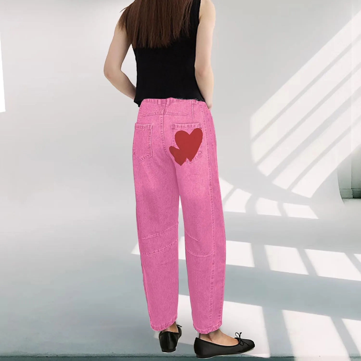 Barrel Jeans for Women Mid Rise Heart Printed Denim Ankle Pants Vintage Baggy Boyfriend Jeans