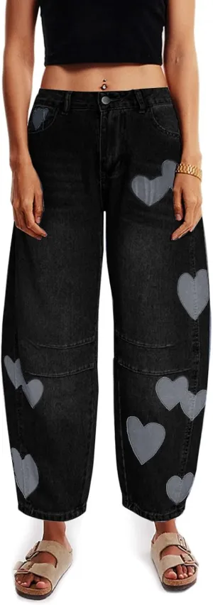 Barrel Jeans for Women Mid Rise Heart Printed Denim Ankle Pants Vintage Baggy Boyfriend Jeans