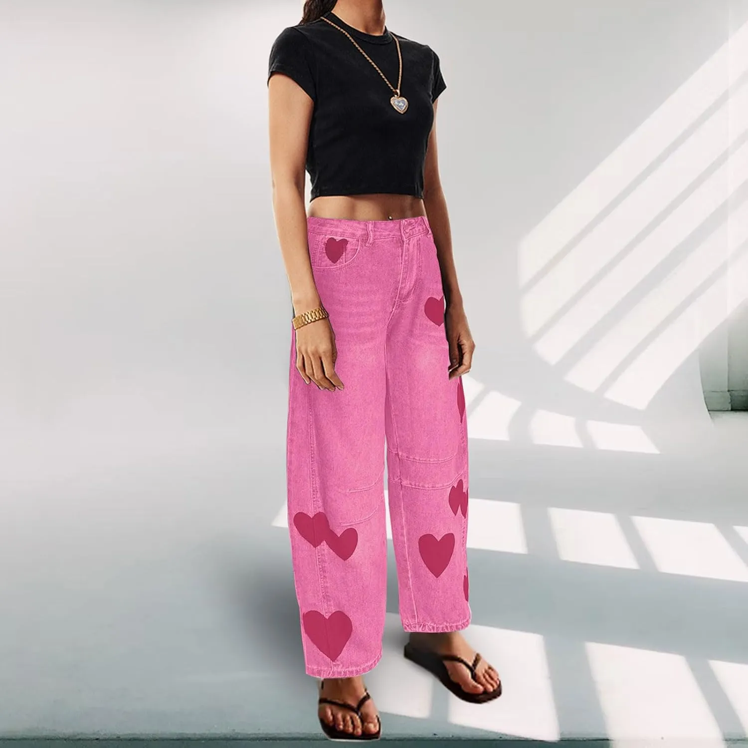 Barrel Jeans for Women Mid Rise Heart Printed Denim Ankle Pants Vintage Baggy Boyfriend Jeans
