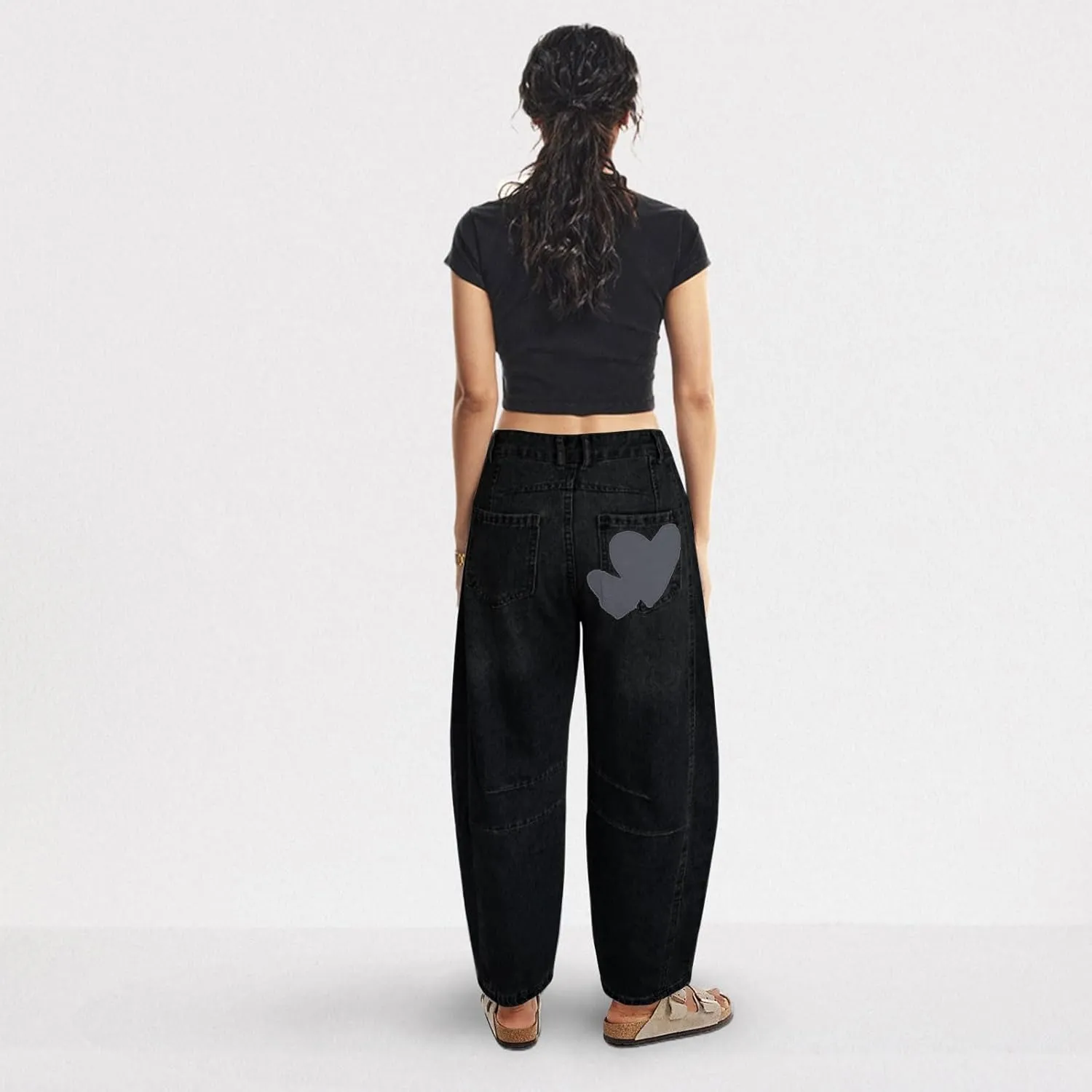 Barrel Jeans for Women Mid Rise Heart Printed Denim Ankle Pants Vintage Baggy Boyfriend Jeans