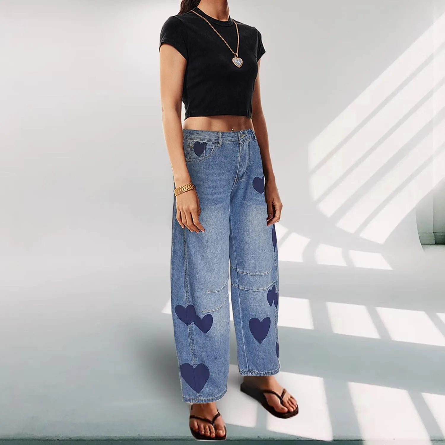 Barrel Jeans for Women Mid Rise Heart Printed Denim Ankle Pants Vintage Baggy Boyfriend Jeans