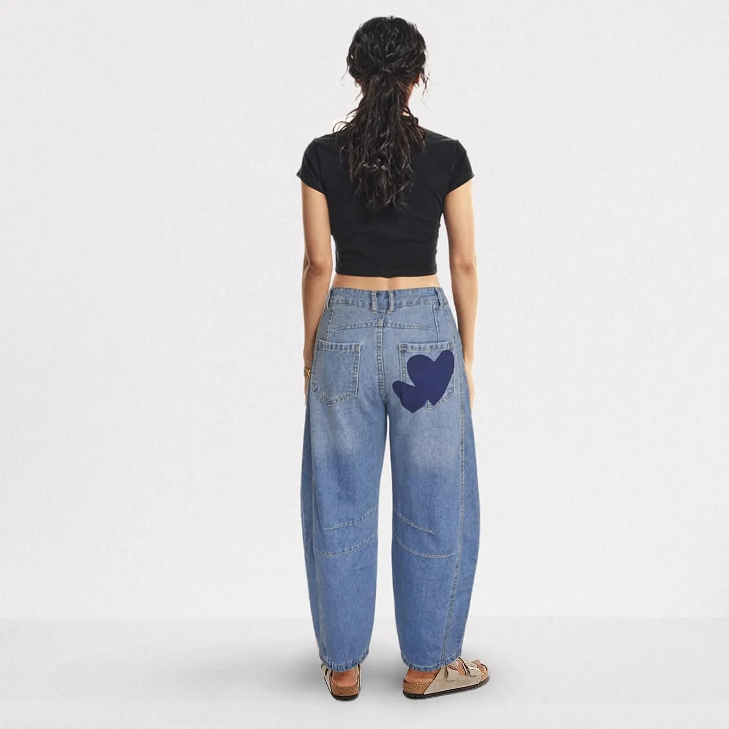 Barrel Jeans for Women Mid Rise Heart Printed Denim Ankle Pants Vintage Baggy Boyfriend Jeans