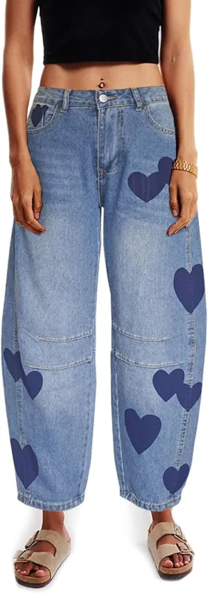 Barrel Jeans for Women Mid Rise Heart Printed Denim Ankle Pants Vintage Baggy Boyfriend Jeans