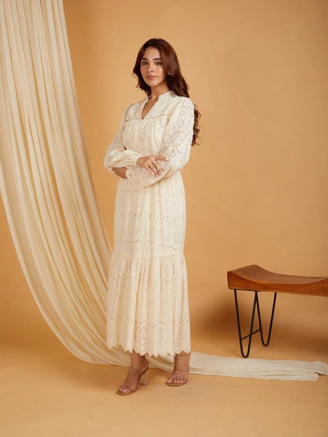 Beige Cotton Broadries Maxi Dress