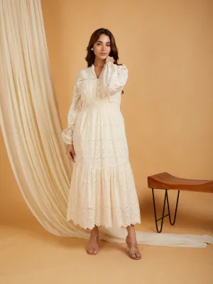 Beige Cotton Broadries Maxi Dress