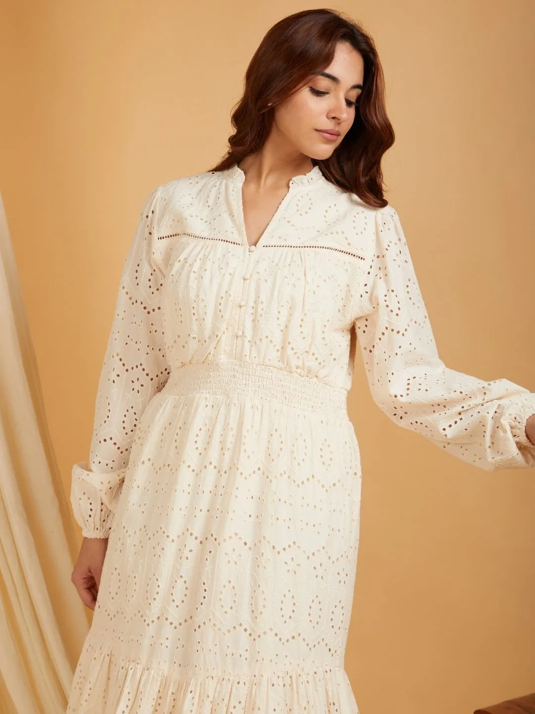 Beige Cotton Broadries Maxi Dress