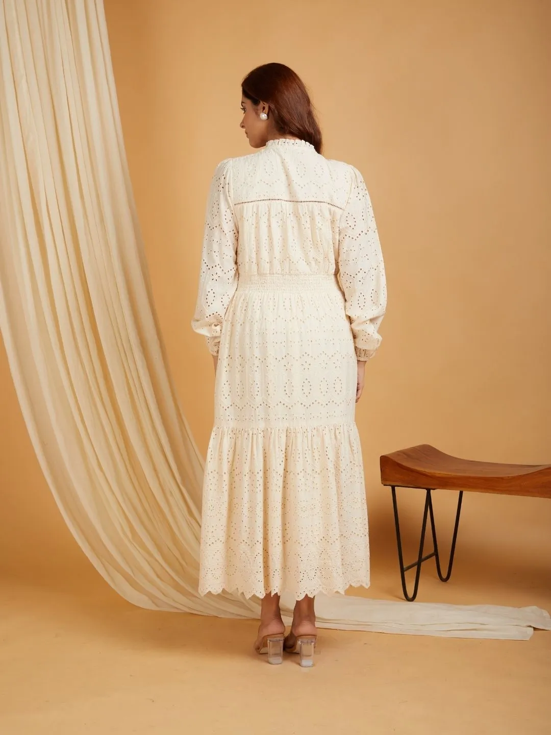 Beige Cotton Broadries Maxi Dress