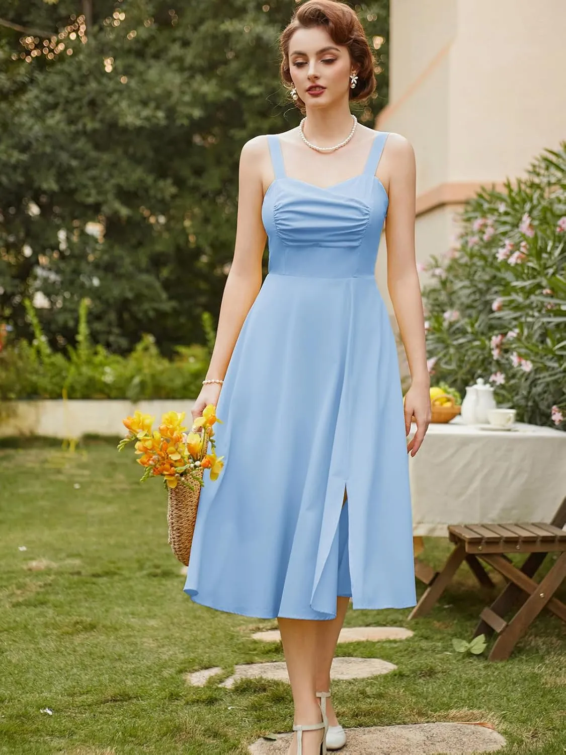 Belle Poque Women's Vintage 1950s Cocktail Dress Sleeveless Spaghetti Strap Ruched Slit A Line Swing Dress with Pockets