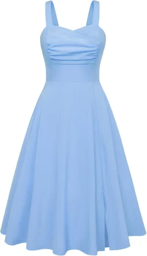 Belle Poque Women's Vintage 1950s Cocktail Dress Sleeveless Spaghetti Strap Ruched Slit A Line Swing Dress with Pockets