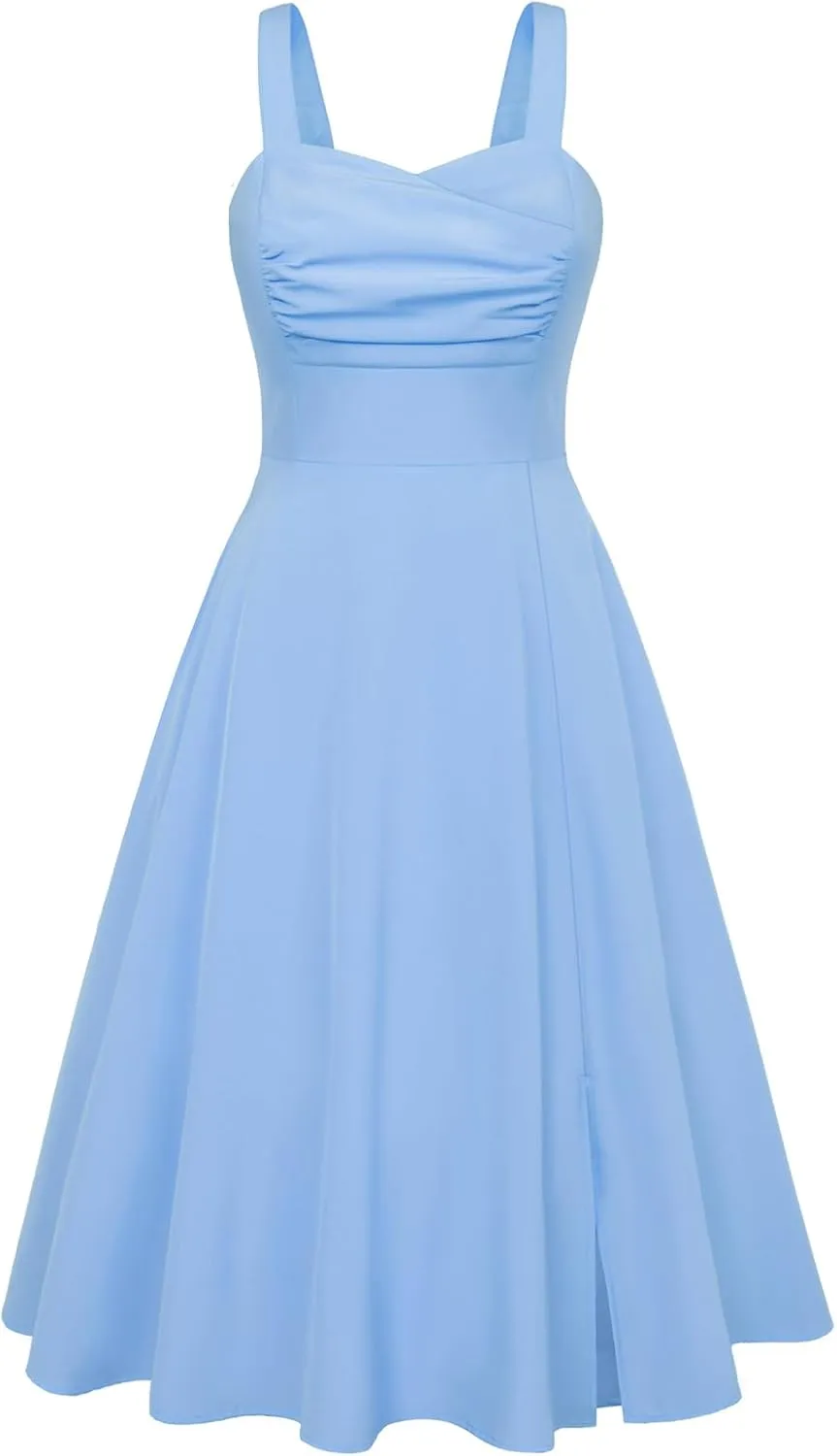 Belle Poque Women's Vintage 1950s Cocktail Dress Sleeveless Spaghetti Strap Ruched Slit A Line Swing Dress with Pockets