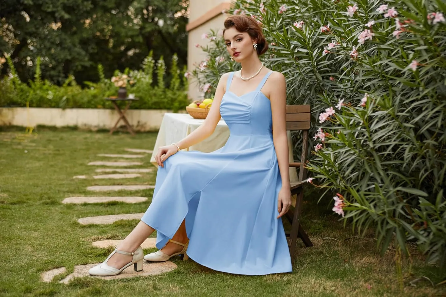 Belle Poque Women's Vintage 1950s Cocktail Dress Sleeveless Spaghetti Strap Ruched Slit A Line Swing Dress with Pockets