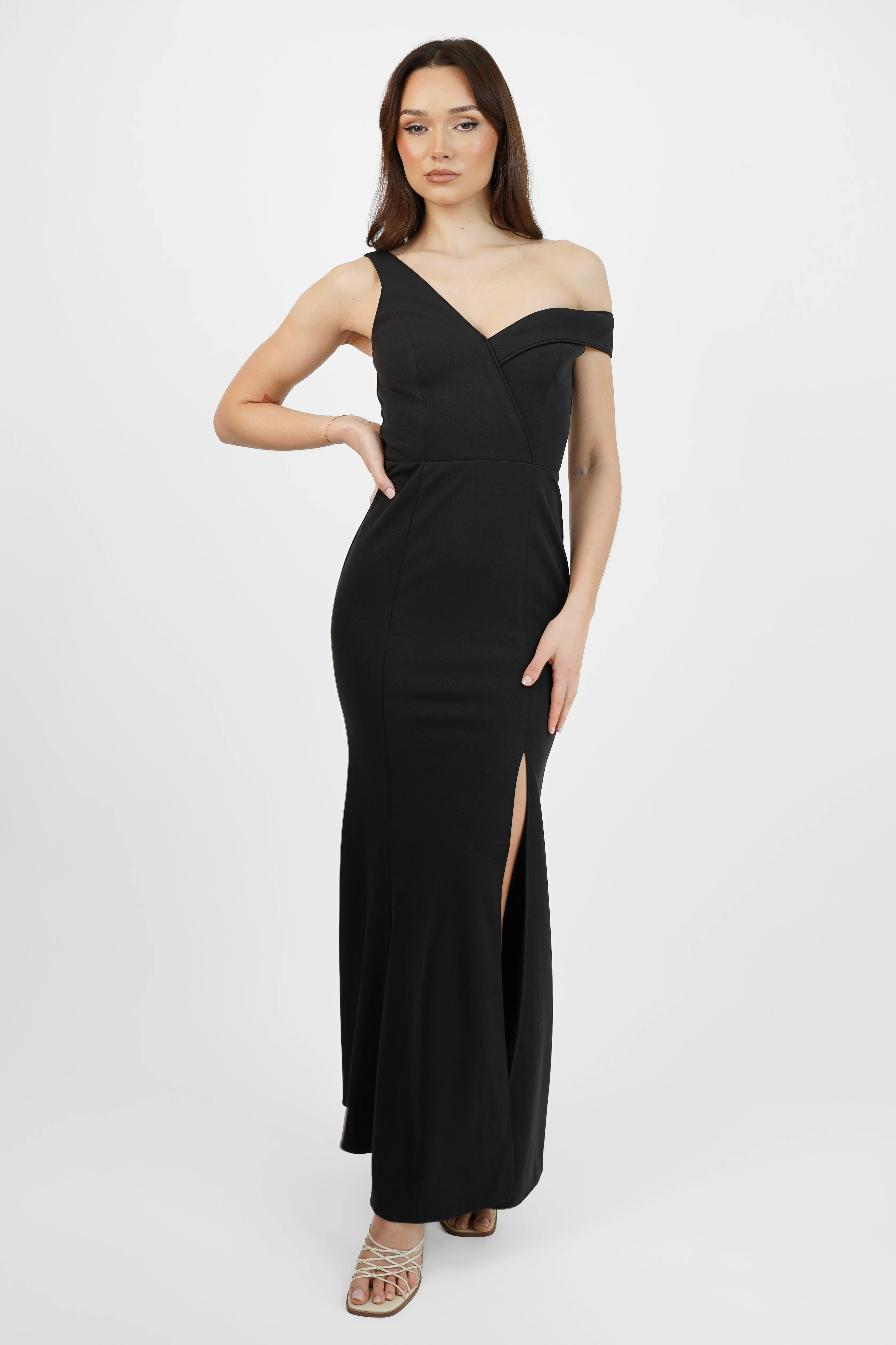 Black One Shoulder Maxi Dress with Slit