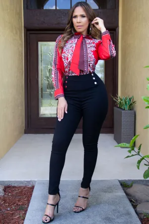 Brooke Red Print Long Sleeve Button Down Shirt W/ Collar Tie