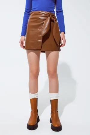 Brown Faux Leather Mini Skirt With Bow On The Side