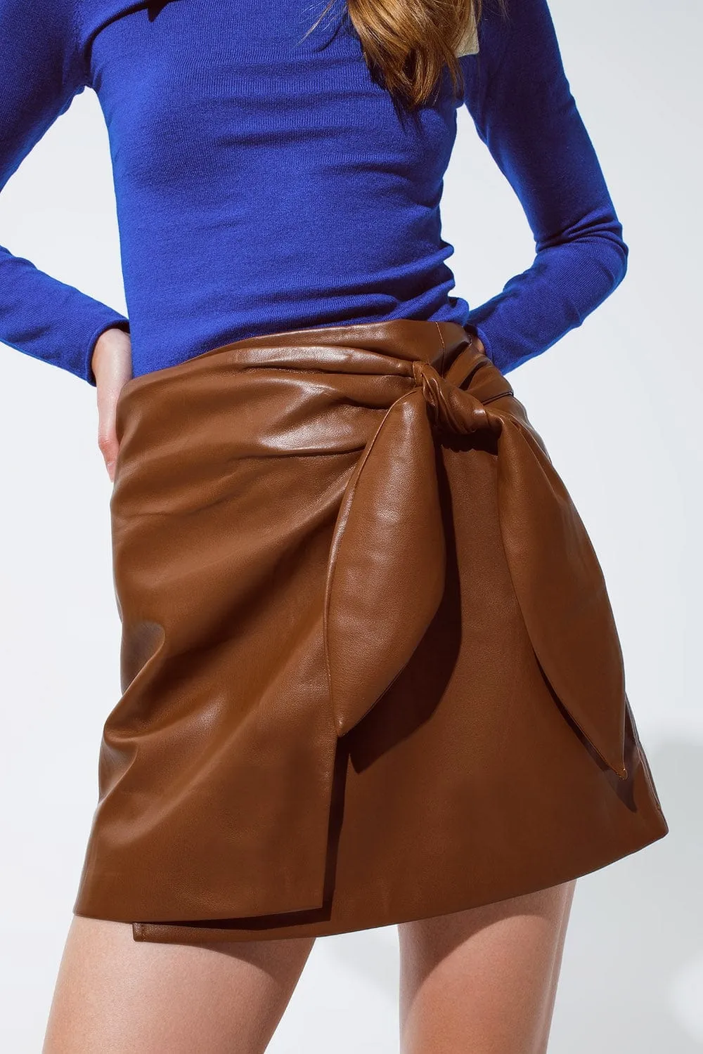 Brown Faux Leather Mini Skirt With Bow On The Side