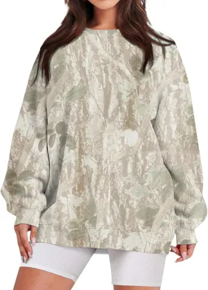 Camo Sweatshirt for Women Oversized Long Sleeve Crewneck Pullover Tops Casual Loose Fit Blouse Fashion Outdoor Clothes