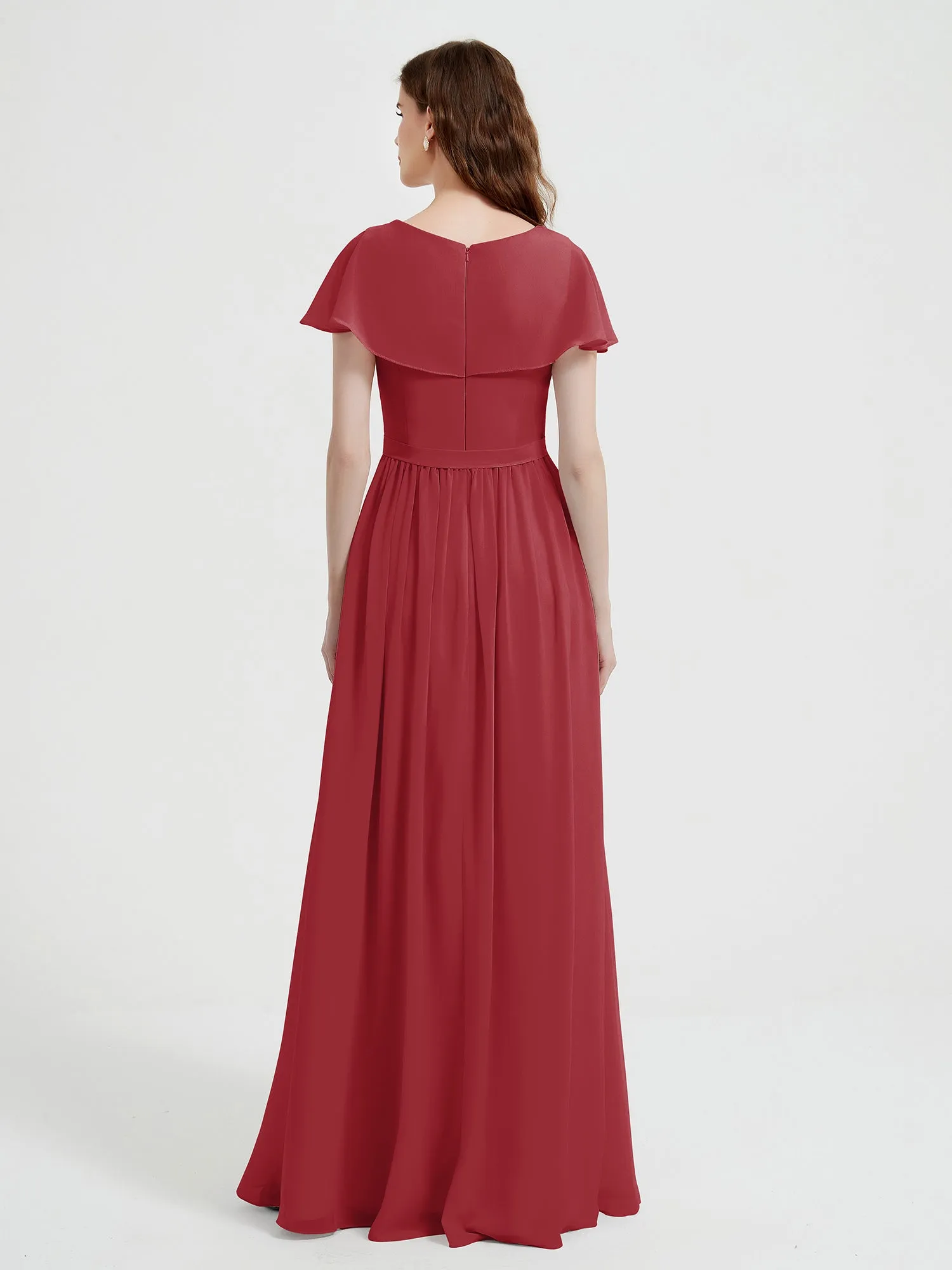 Cap Sleeves Long Chiffon Dresses with Slit-Burgundy Plus Size