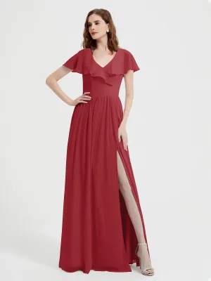Cap Sleeves Long Chiffon Dresses with Slit-Burgundy Plus Size