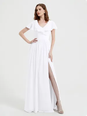 Cap Sleeves Long Chiffon Dresses with Slit-White Plus Size