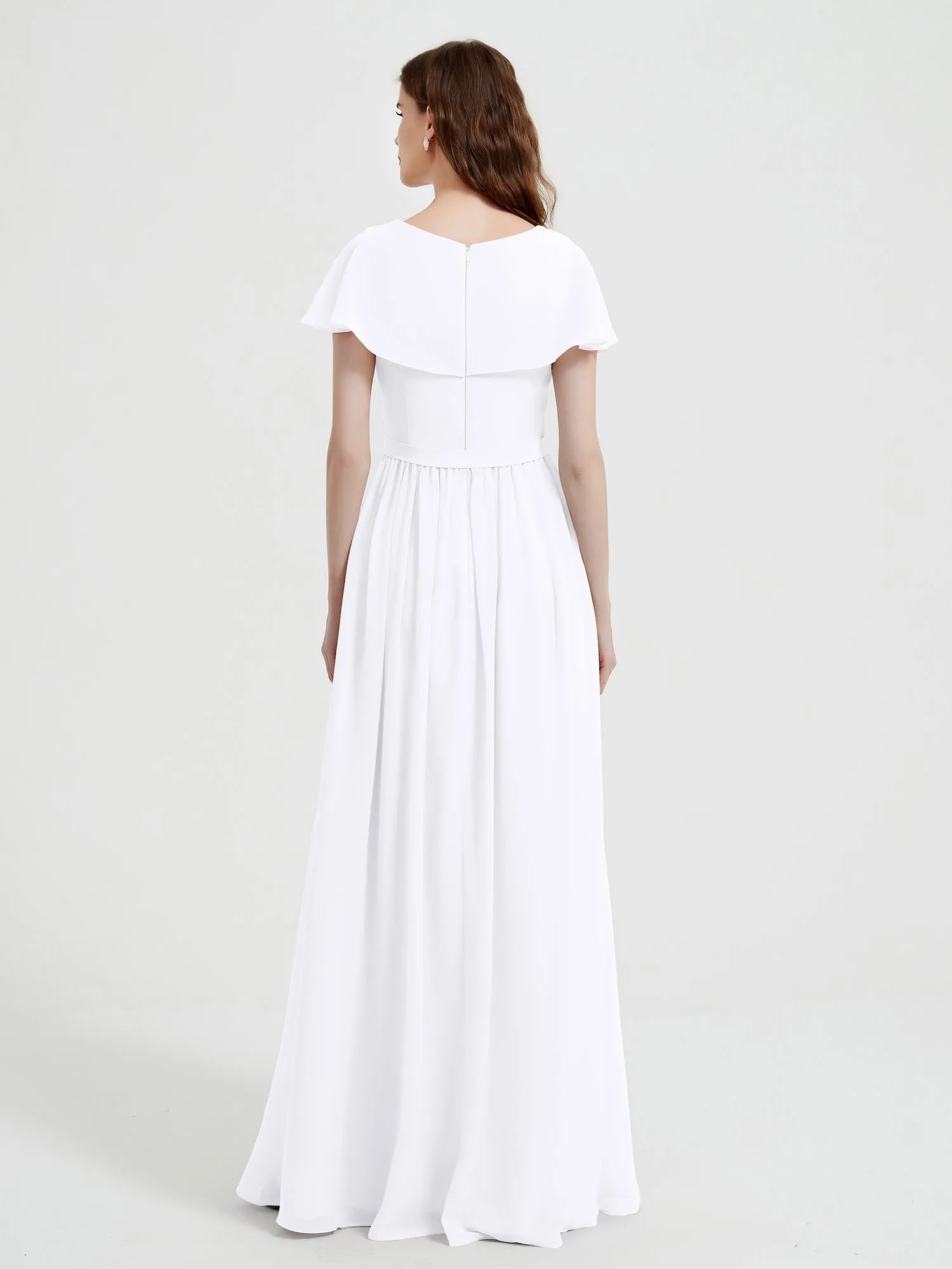 Cap Sleeves Long Chiffon Dresses with Slit-White Plus Size