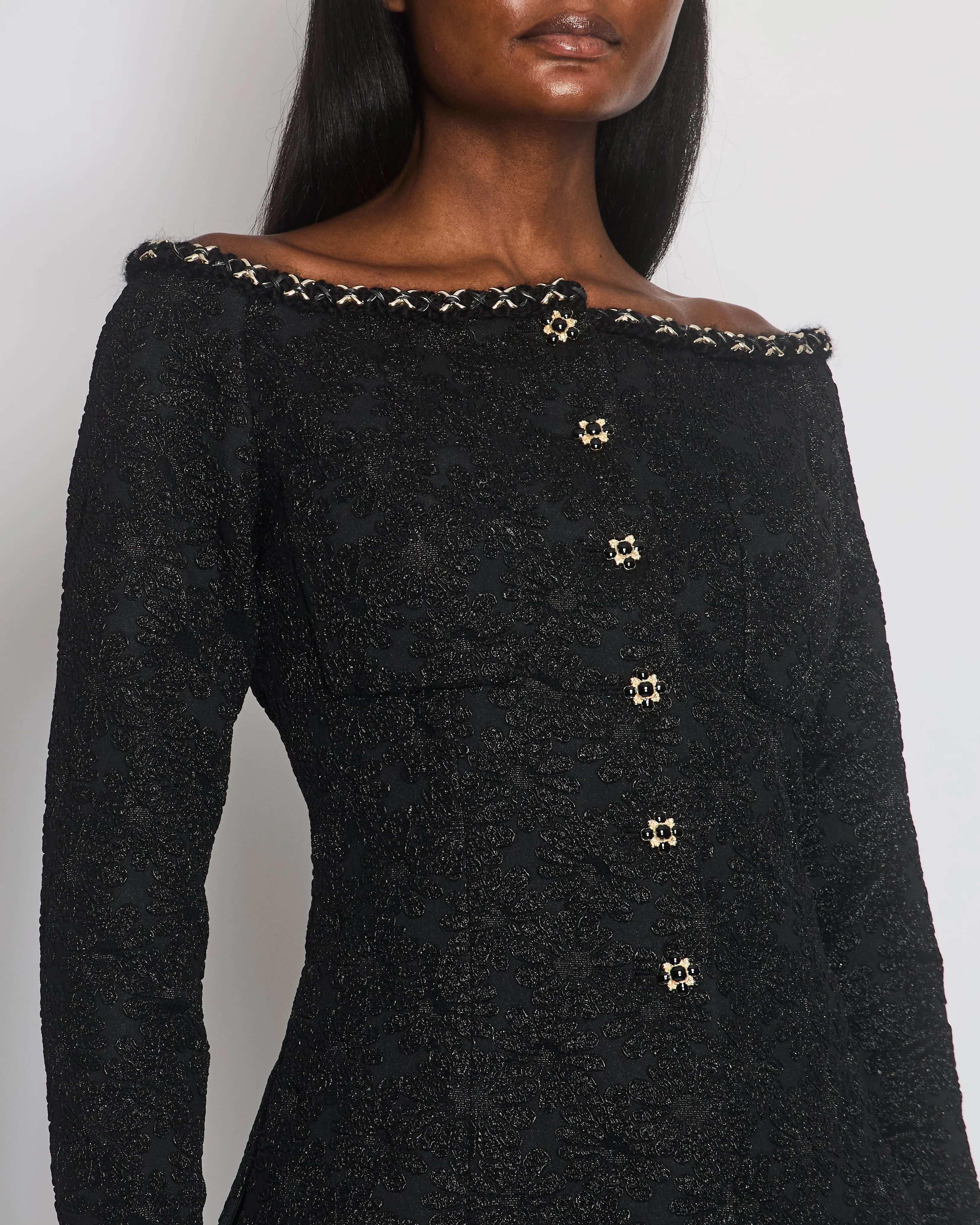 Chanel Black Off-shoulder Embroidered Camellia Button Jacket Size Fr 40 (uk 12)