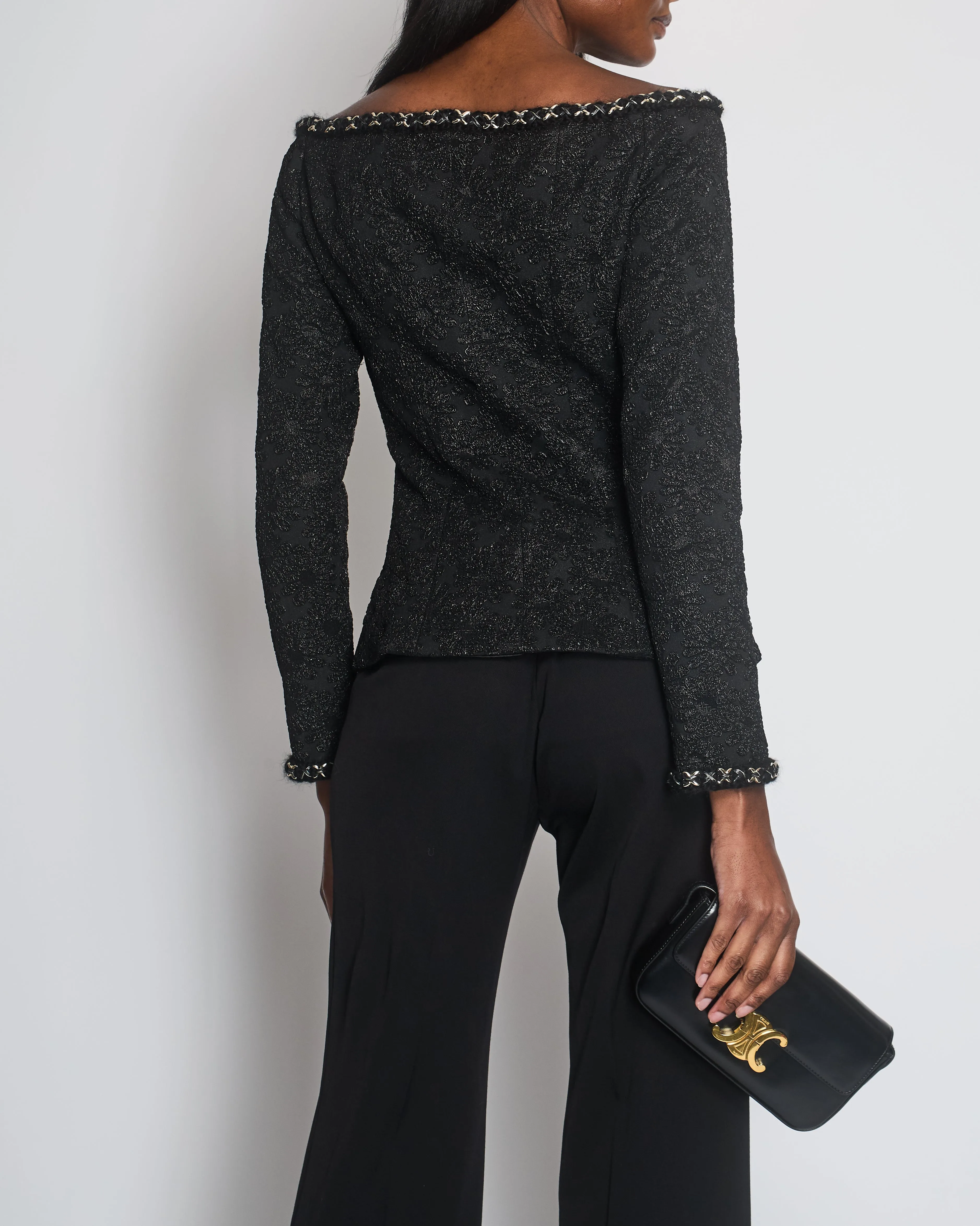 Chanel Black Off-shoulder Embroidered Camellia Button Jacket Size Fr 40 (uk 12)