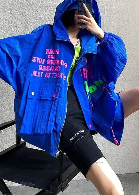 Chic Blue Print Pockets zippered Spring Hooded Coat