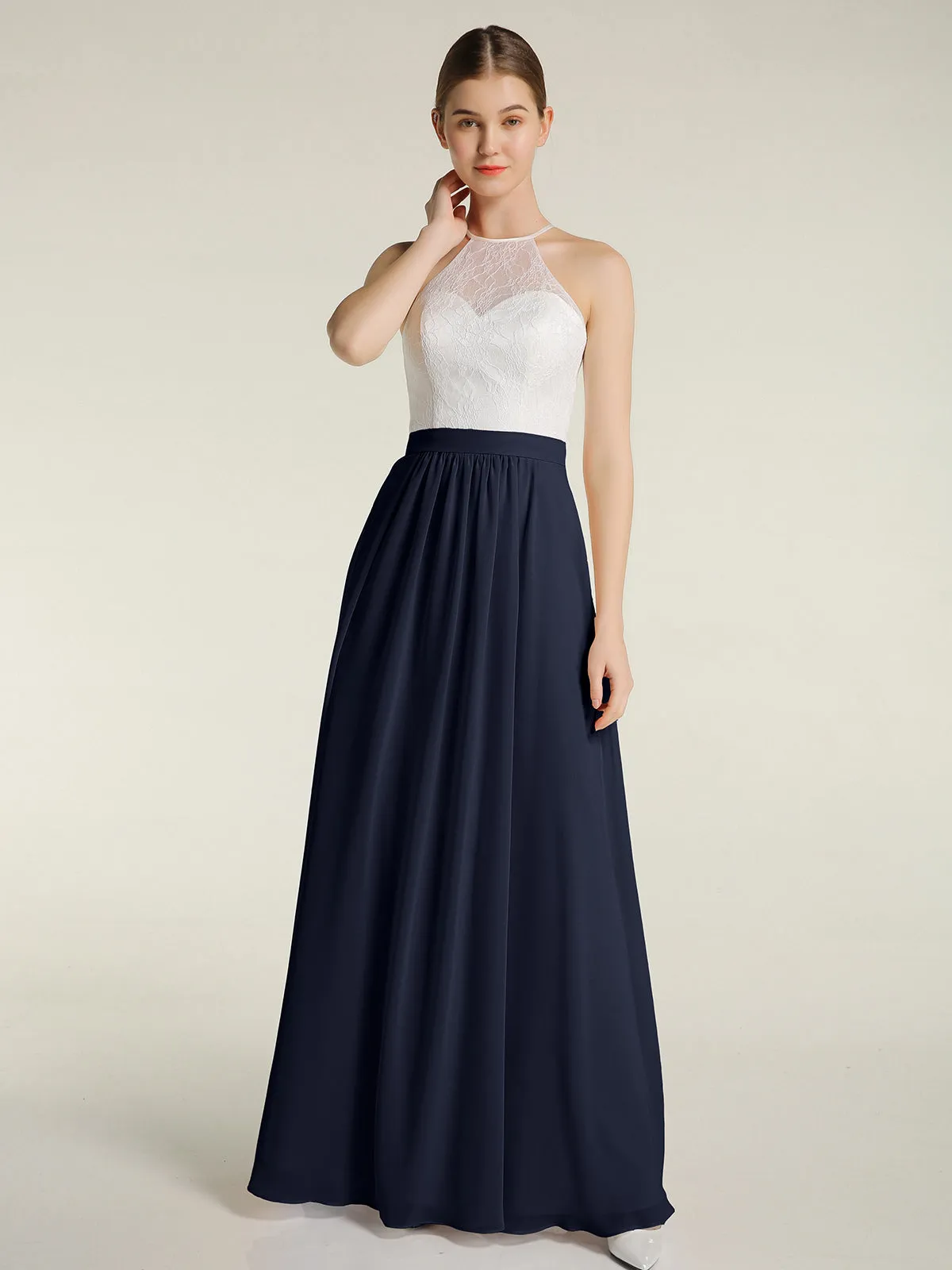 Chiffon Long Dresses with Ivory Lace Bodice-Dark Navy Plus Size