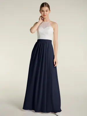 Chiffon Long Dresses with Ivory Lace Bodice-Dark Navy Plus Size