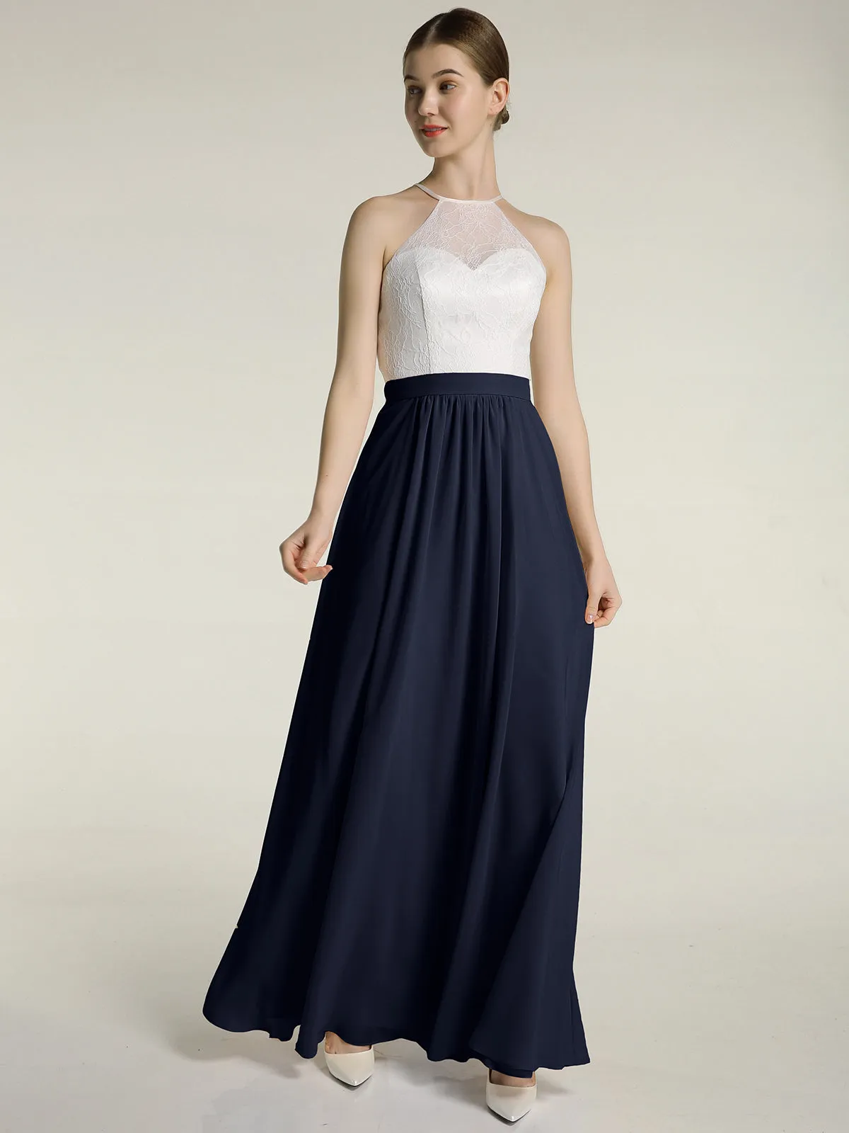 Chiffon Long Dresses with Ivory Lace Bodice-Dark Navy Plus Size