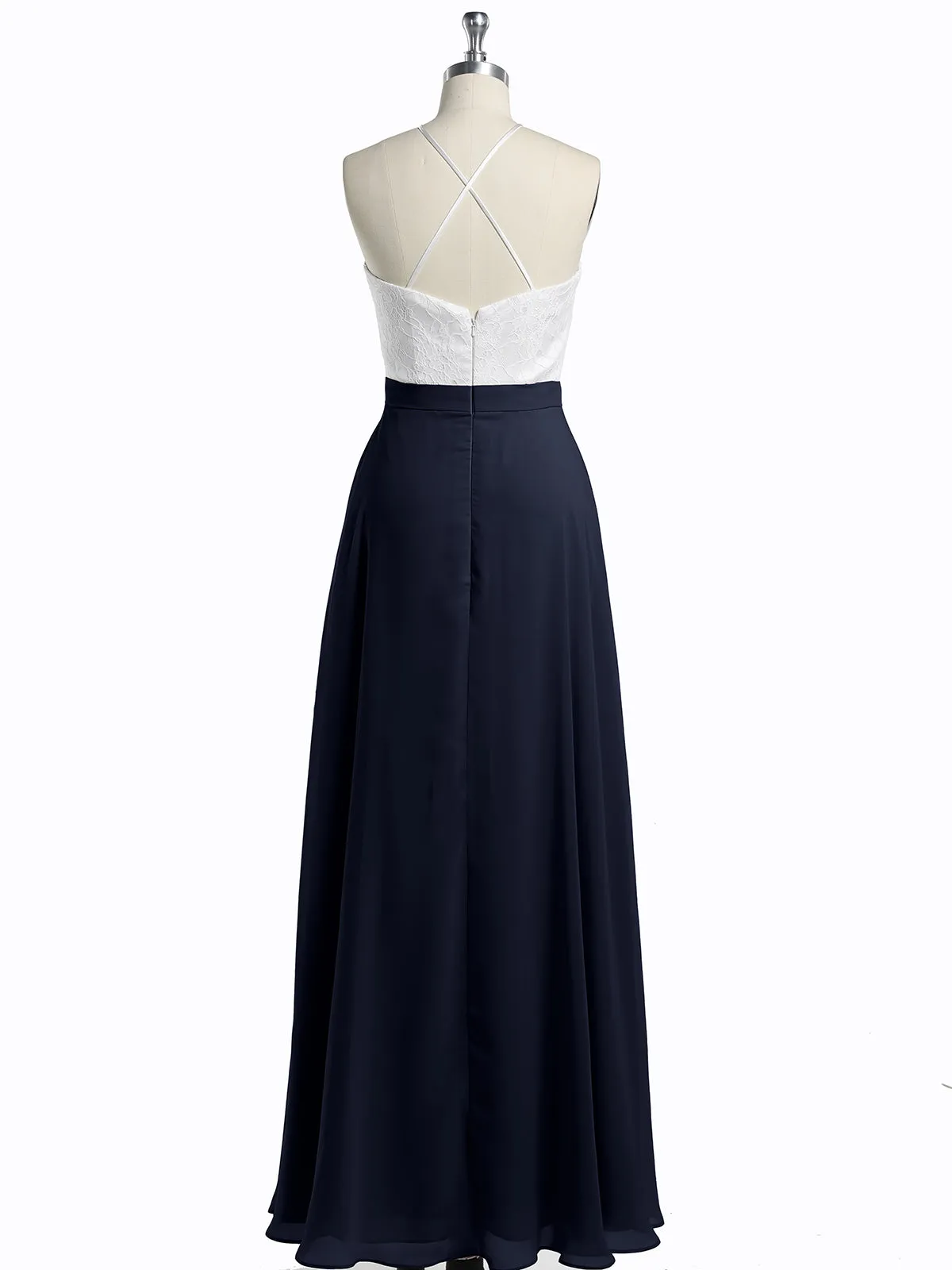 Chiffon Long Dresses with Ivory Lace Bodice-Dark Navy Plus Size
