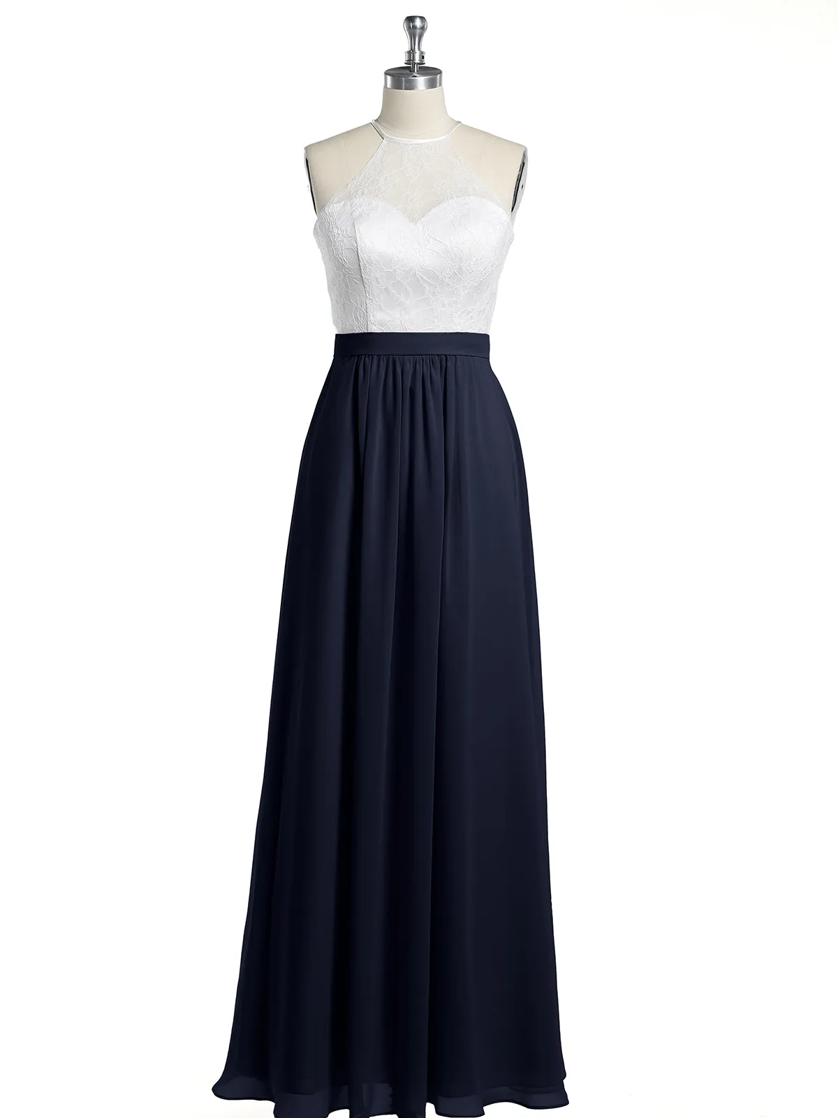Chiffon Long Dresses with Ivory Lace Bodice-Dark Navy Plus Size