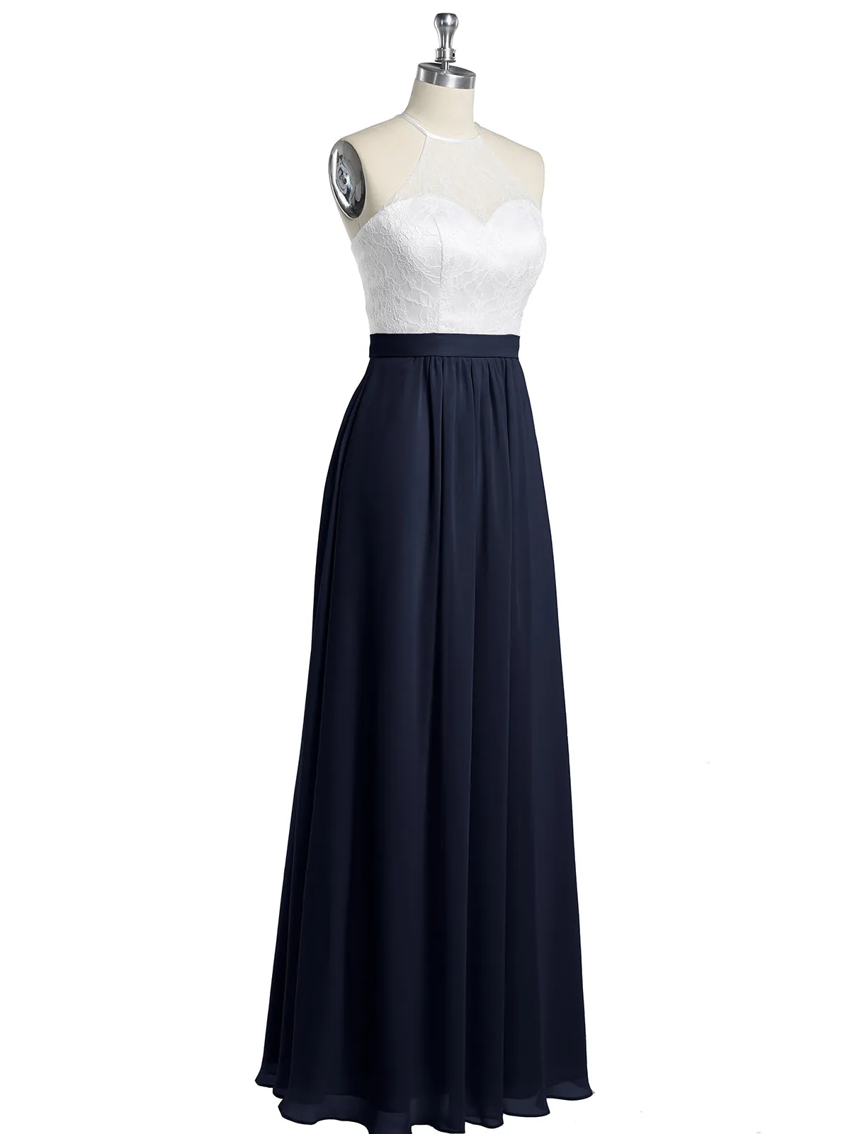 Chiffon Long Dresses with Ivory Lace Bodice-Dark Navy Plus Size